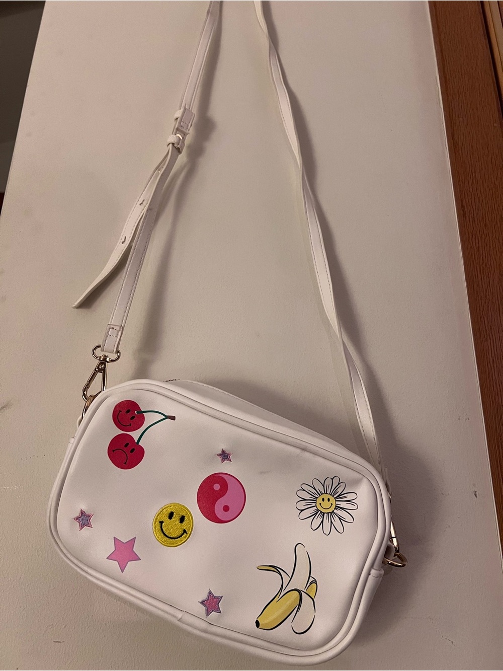White Kids Crossbody Bag with Playful Sticker Motifs